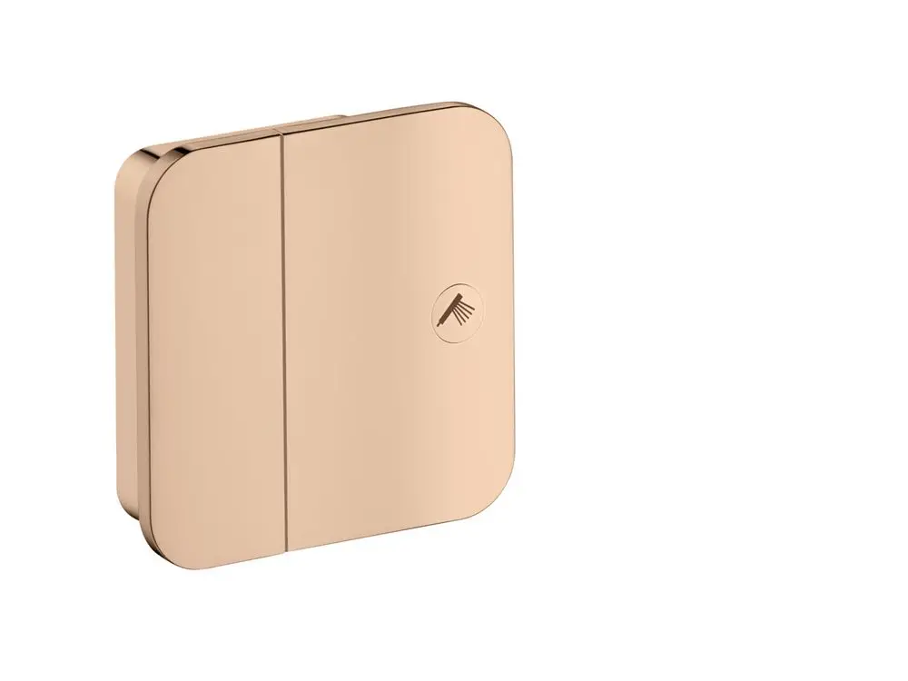AXOR Produkt in poliertem Rotgold, quadratische Form mit zwei getrennten Bereichen und einem grafischen Symbol in der Mitte. Ideal für die Verwendung in Sanitärinstallationen.